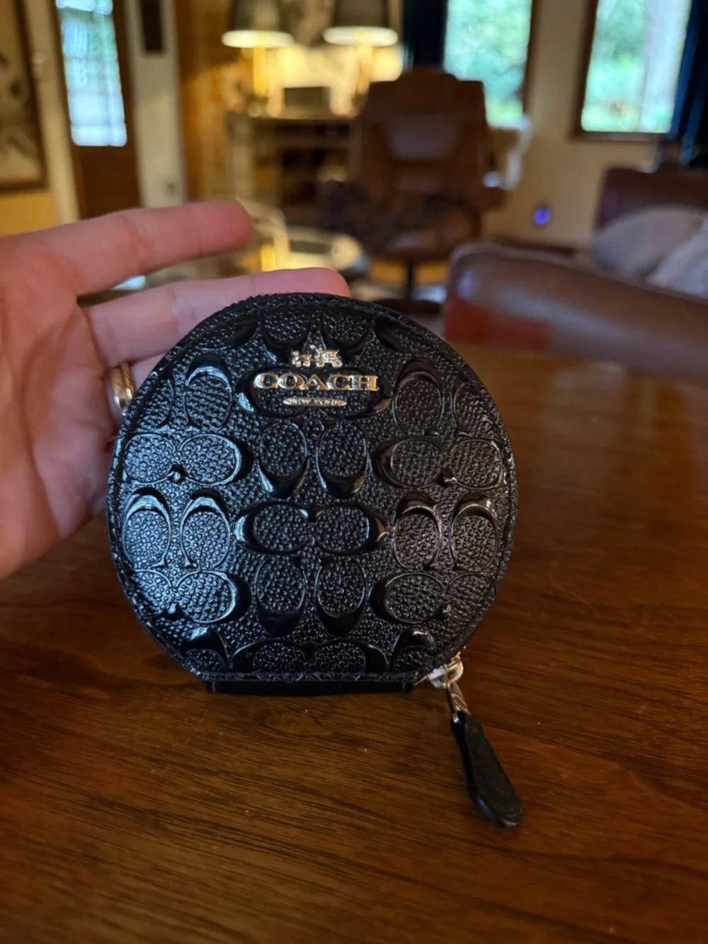 Coach Black Embossed Signature Round Zip Coin Case with Gold Plaque - Picture 6 of 6